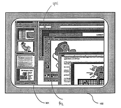 Paveikslas iš „Cygnus Systems“ patento, kuriame aprašoma kaip programoje atidaryti dokumentai pasiekiami naršyklės šone patalpintomis vaizdinėmis nuorodomis-ikonomis