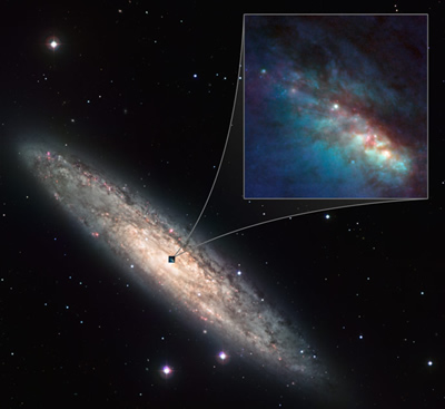 Visu grožiu atsidengianti NGC 253 ir mokslininkų tyrinėtas centrinis jos lopinėlis