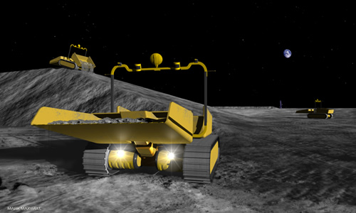 Robotizuoti mechanizmai ruošia Mėnulio paviršių būsimajai bazei. Menininko koncepcija 
