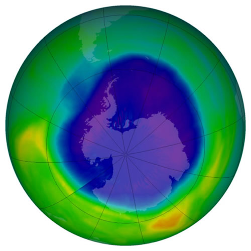 2007 metų ozono skylės nuotrauka, padaryta virš Antarktidos