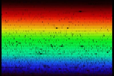 „NOAO/AURA/NSF“. Saulės spektro pavyzdys. Juodos juostelės yra cheminių elementų sugerties linijos šios žvaigždės spektre.