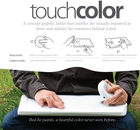 Akliesiems piešti padedančio įrenginio „Touch Color“ koncepcija