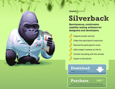 Svetainės „Silverback“ turinys išdėliotas kaip sąrašas, kuris baigęsi mygtuku “parsisiųsti”. Tačiau rodyklė ant mygtuko „parsisiųsti“ nukreipta į pirkimo galimybę