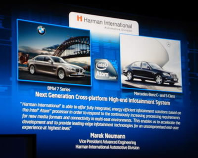 Skaidrė iš konferencijos, kurioje pristatomi BMW ir „Mercedes“ planai savo automobiliuose panaudoti „Intel Atom“ procesorius