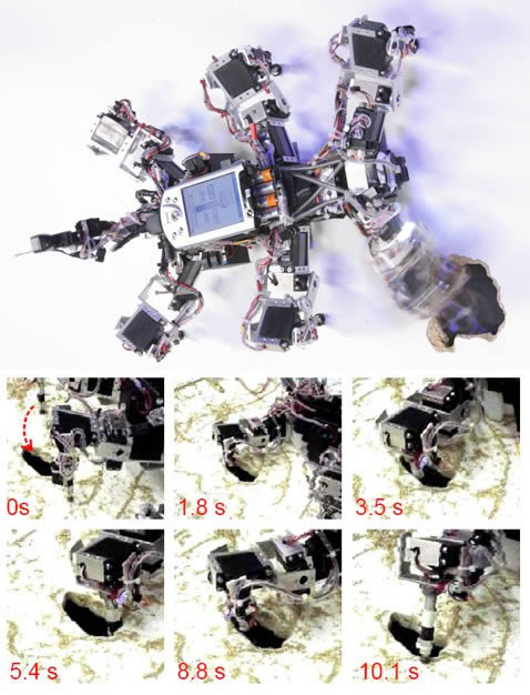 Pavyzdys, kaip chaosinis algoritmas robotui padeda išsivaduoti iš plyšio. Mažų nuotraukų serijoje matyti veiksmų eiliškumas ir praėjęs laikas sekundėmis.