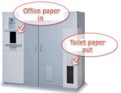 Mašina, iš biuro popieriaus gaminanti tualetinį popierių