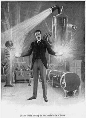 Nikola Tesla savo rankose laiko „liepsnos kamuolius“