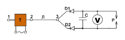 1 pav. T – transformatorius, Л – laidas, D1, D2 – diodai, C – kondensatorius, P – iškroviklis