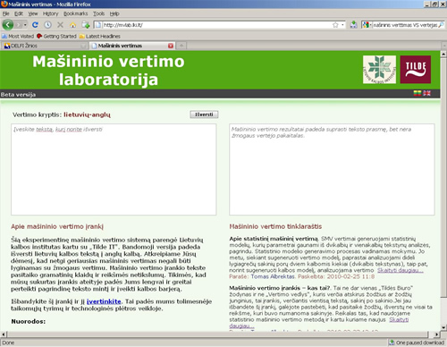 Bandomoji mašininio vertimo sistema, galinti versti tekstus iš lietuvių kalbos į anglų
