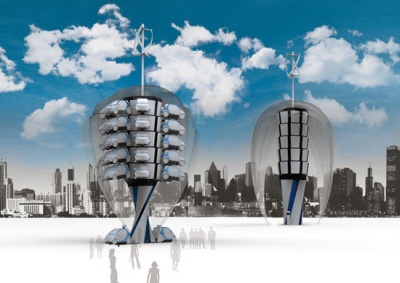 Elektromobilių parkavimo bokštas generuoja saulės ir vėjo energiją