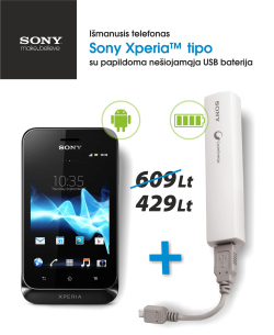 Išmanusis telefonas „Sony Xperia tipo“ su papildoma nešiojamąja USB baterija tik 429 Lt