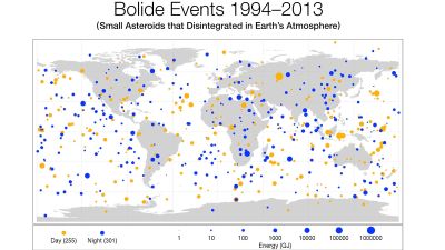 NASA paskelbė žemėlapį, kuriame pažymėti visi 556 asteroidai, į Žemę pataikę per pastaruosius 20 metų