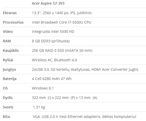 Ultrabooko „Acer Aspire S7-393“ apžvalga