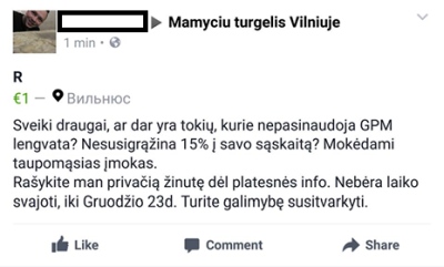 Socialiniame tinkle platinama įtartino turinio žinutė, kuria žadamagrąžinti sumokėtus mokesčius Socialiniame tinkle platinama įtartino turinio žinutė, kuria žadamagrąžinti sumokėtus mokesčius