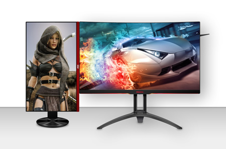 „AOC G2590PX“ monitorius, statmenai pastatytas šalia „AG322QC4“ monitoriaus, kuria aplinką, skirtą 144 Hz dažnio žaidimams be ribų