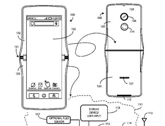 „Motorola“ patente pavaizduotas vertikaliai perlenkiamo išmaniojo telefono dizainas / USPTO.gov iliustr.