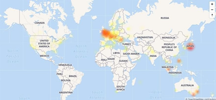 downdetector.com iliustr. / „Facebook“ sutrikimų žemėlapis kovo 14 d. ryte