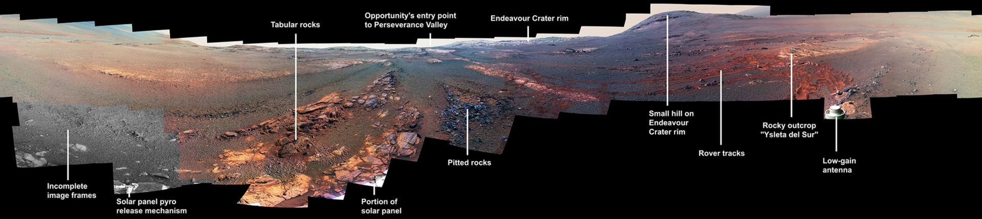 NASA nuotr. / Paskutinė „Opportunity“ užfiksuota panorama, kurioje matoma paskutinio zondo poilsio vieta NASA nuotr. / Paskutinė „Opportunity“ užfiksuota panorama, kurioje matoma paskutinio zondo poilsio vieta