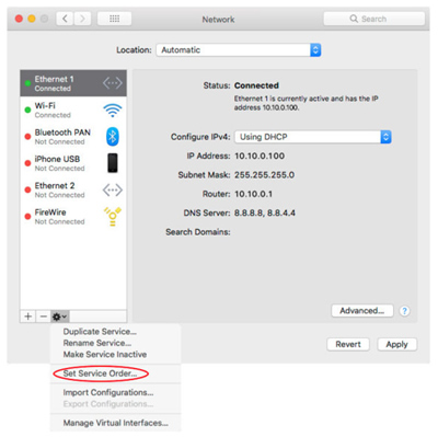 System Preferences – Network – Set Service Order