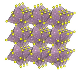 Molekulinė molibdeno sulfido struktūra. Viena iš naujosios ličio-sieros baterijos katode panaudotų medžiagų © MIT