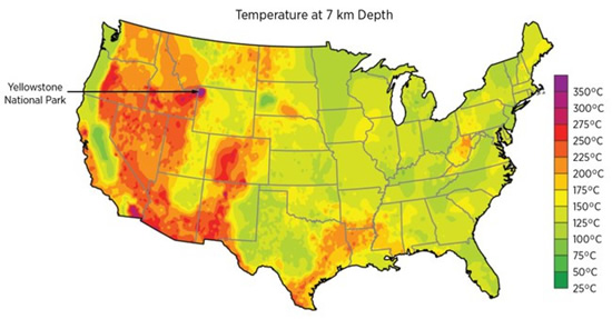 Temperatūra 7 km gylyje - pats didžiausias potencialas yra vakarinėje JAV dalyje, bet ir kitose valstijose galima išnaudoti šį energijos šaltinį © JAV Energetikos departamentas