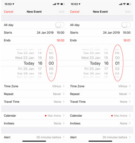 Kaip „iOS“ „Calendar“ įrašo laiką nustatyti minutės tikslumu