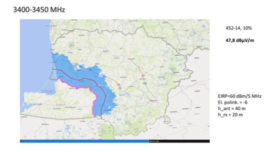 RRT iliustr. / Mėlynai pažymėta teritorija, kurioje pagal dabartinę derybų būseną būtų ribojamas nurodytų parametrų bazinių stočių montavimas