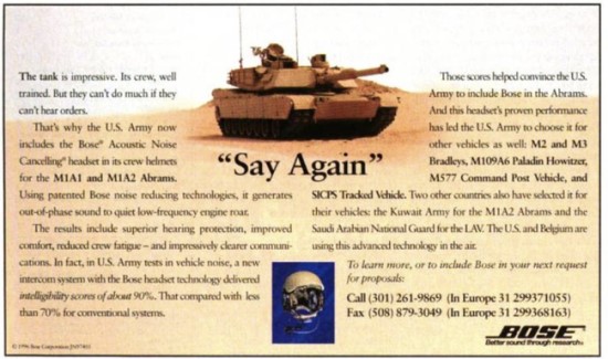 1998 metų reklama „Bose“ ausinių, naudojamų tanko vairuotojo ir įgulos © „Army Magazine“