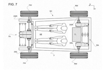 „Ferrari“ kuriamo elektromobilio pagrindas. Patento atvaizdas