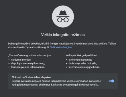 Naujas „Google Chrome“ inkognito langas © Ekrano nuotrauka