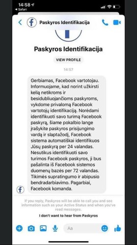 Žinutė, siunčiama „Facebook“ vartotojams / Asmeninio archyvo nuotr.