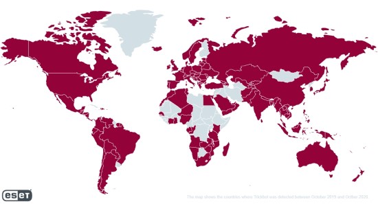 „Trickbot“ botneto paplitimas pasaulyje