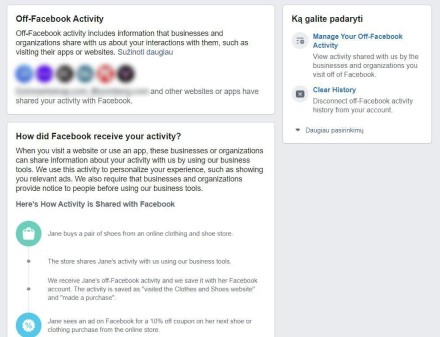 Sustabdyti duomenų perdavimą trečiosioms šalims ateityje galite „Facebook Activity“ pasirinkę „Manage Future Activity“, o tuomet – „Future Off-F“