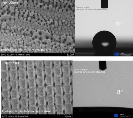 „FemtoSurf“ projekto nuotr./ Štai kaip skiriasi lazeriu apdoroto paviršiaus su hidrofobinėmis (viršuje) ir hidrofilinėmis (apačioje) savybėmis mikroskopinis vaizdas