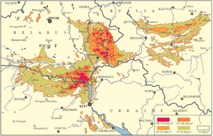 Radioaktyviojo cezio 137Cs užterštumo pasiskirstymo žemėlapis po Černobylio AE avarijos. Nuotraukos šaltinis: UNSCEAR