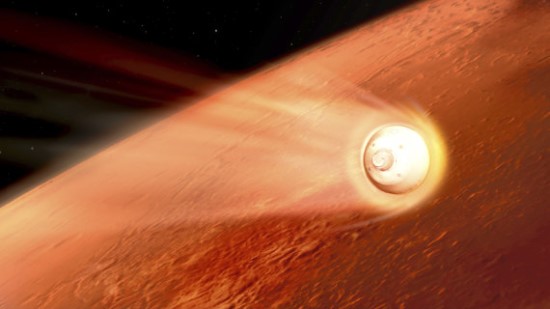 NASA iliustr. / Menininko sukurtoje iliustracijoje – „Perseverance“ gaubiančios kapsulės nusileidimas į Marso atmosferą NASA iliustr. / Menininko sukurtoje iliustracijoje – „Perseverance“ gaubiančios kapsulės nusileidimas į Marso atmosferą