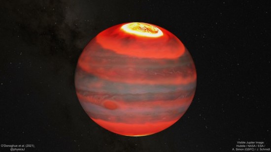 Jupiteris parodytas regimojoje šviesoje kaip kontekstas žemiau dailininko pavaizduotam Jupiterio viršutinės atmosferos infraraudonajam spinduliavimui