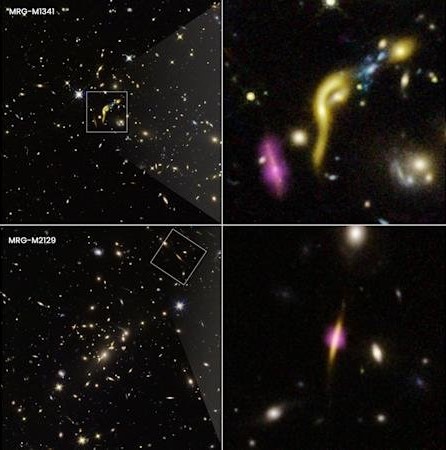 Joseph DePasquale (STScI)/Dviejų mirusių ankstyvųjų galaktikų, užfiksuotų „Hubble“ kosminiu teleskopu ir ALMA, vaizdai ištraukus ir priartinus