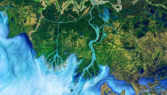 „Landsat“ palydovų užfiksuoti stulbinantys Žemės vaizdai. Atčafalijos delta Luizianoje. Joshua Stevens/NASA Žemės Observatorija