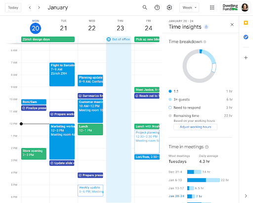 „Google Calendar“ ir funkcija „Time Insights“
