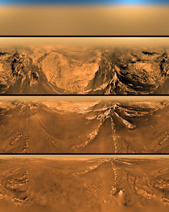 Titano paviršius, kaip jį matė besileidžiantis „Huygens“ zondas. Viršutinė nuotrauka daryta dar virš atmosferos. Šaltinis: ESA/NASA/JPL/University of Arizona