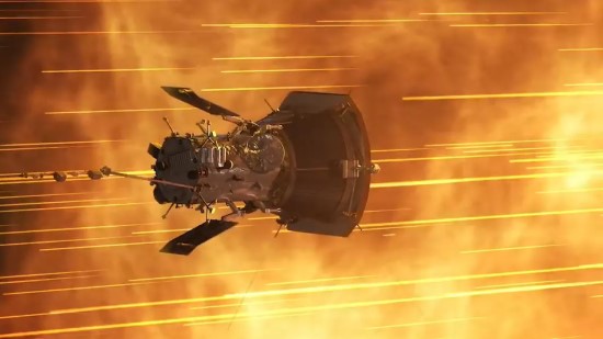 „Parker Solar Probe“ skrieja per Saulės vainiką. Dailininko vizualizacija. Šaltinis: NASA GSFC/CIL/Brian Monroe