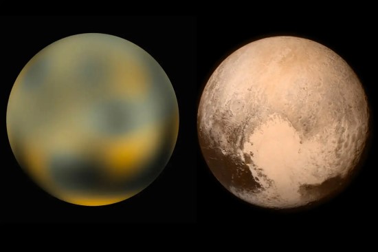 Plutonas, kaip jį matė „Hablo“ teleskopas (kairėje), ir „New Horizons“ nuotrauka (dešinėje). Šaltinis: NASA/„Hubble“/„New Horizons“, montažas – „New Scientist“