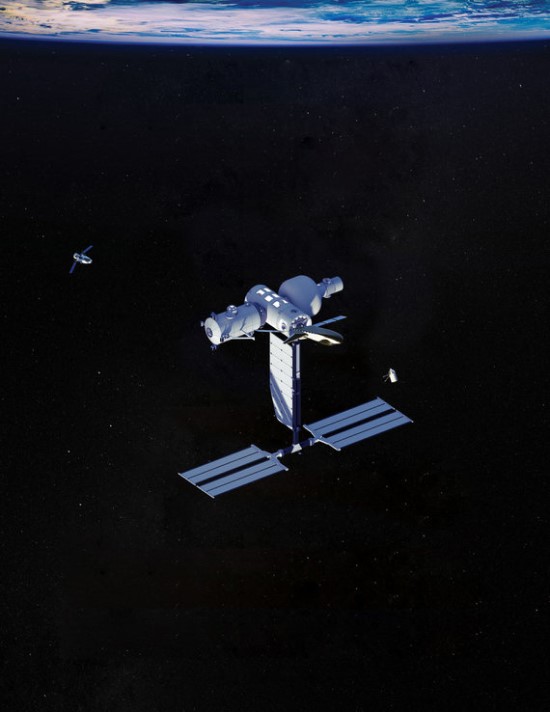„Blue Origin“/„Blue Origin“ kuriamos kosminės stoties „Orbital Reef“ iliustracija