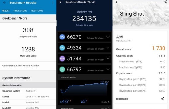 „Geekbench 5“ „AnTuTu“ ir „3D Mark Sling Shot“ testų rezultatai / N. Davalgos nuotr.