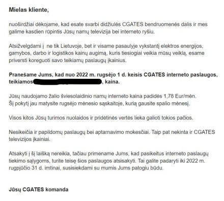 „Cgates“ el. laiškas vartotojams dėl didėjančios mėnesinės įmokos / Skaitytojo nuotr.