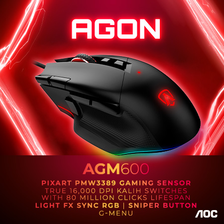 „AGON AGM600“ žaidimų pelė „AGON by AOC“ yra ypač tinkama esporto entuziastams ir užkietėjusiems žaidėjams