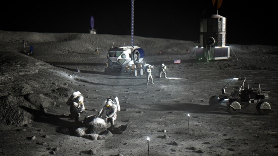 Tyrimų stoties – „Artemis Base Camp“ – Mėnulio pietų ašigalio apylinkėse koncepcinė iliustracija. Šaltinis: NASA