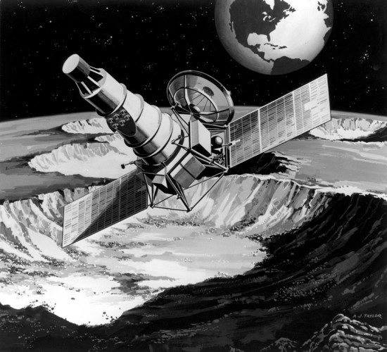 JAV „Ranger“ zondų programa buvo skirta Mėnulio tyrimams prieš „Apollo“. Dailininko vizualizacijoje matome vieną iš Ranger’ių (jie visi iš išorės atrodė beveik vienodai) virš Mėnulio paviršiaus. Šaltinis: NASA, Harry S. Truman Libr