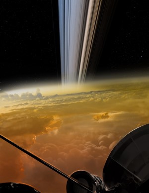 „Cassini“ zondas misijos pabaigoje sudegė Saturno atmosferoje. Dailininko vizualizacija apie paskutinius zondo momentus. Šaltinis: NASA/JPL-Caltech